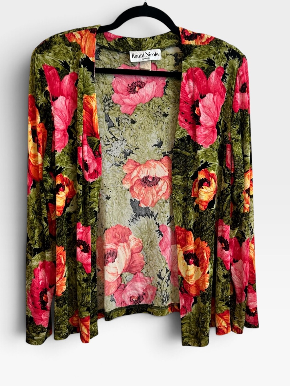 Vintage Ronni Nicole Olive & Pink Floral Open-Front Cardigan